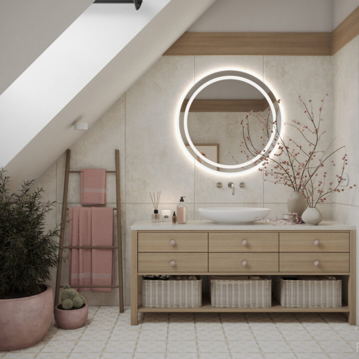 Łazienka z okrągłym lustrem – elegancki projekt wnętrza