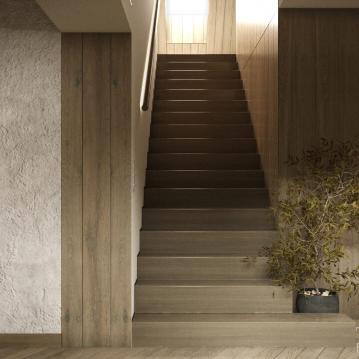 Schody w domu jednorodzinnym z drewnianymi stopniami i subtelnym oświetleniem