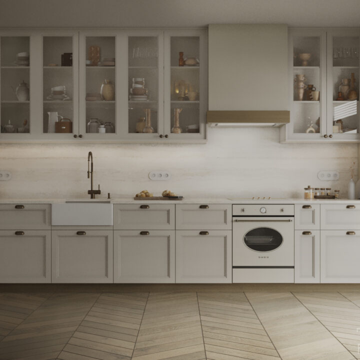 Kuchnia z zabudową na wymiar i frezowanymi frontami w jasnej kolorystyce