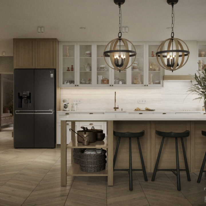 Wyspa kuchenna z kamiennym blatem i hokerami w stylu modern farmhouse