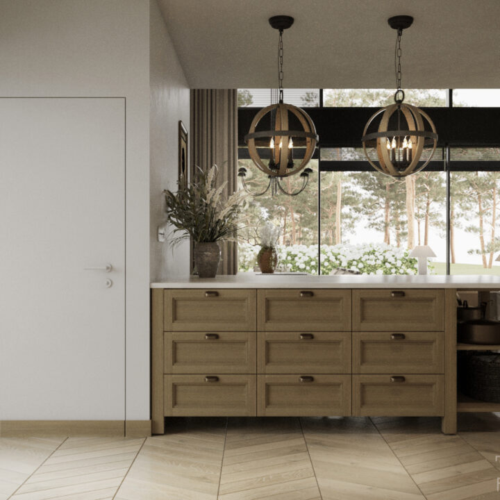 Wyspa w domu jednorodzinnym – projekt wnętrza z drewnianymi akcentami