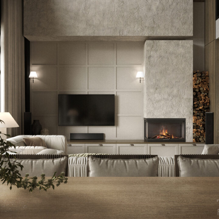 Ściana RTV w salonie z zabudową i zintegrowanym ekranem