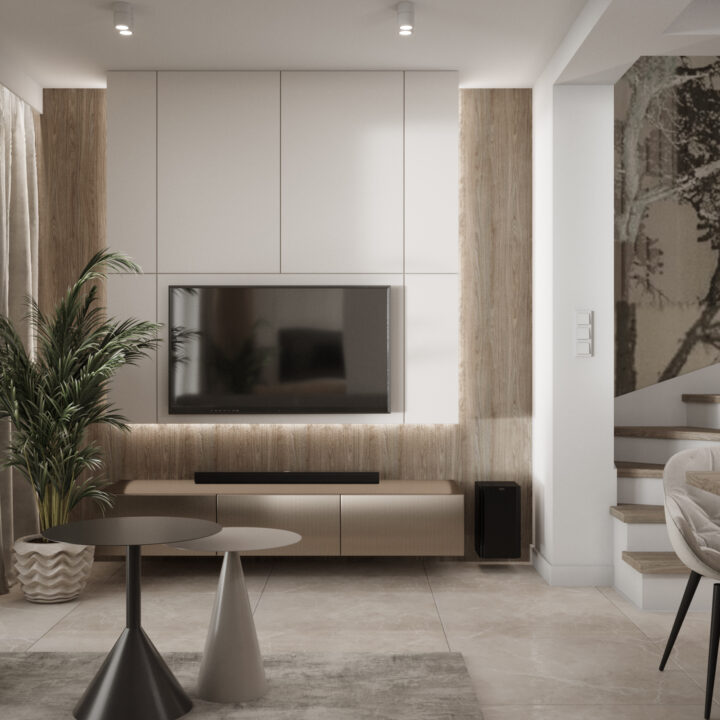 Ściana telewizyjna z szafkami i złotą szafką RTV - projekt wnętrza
