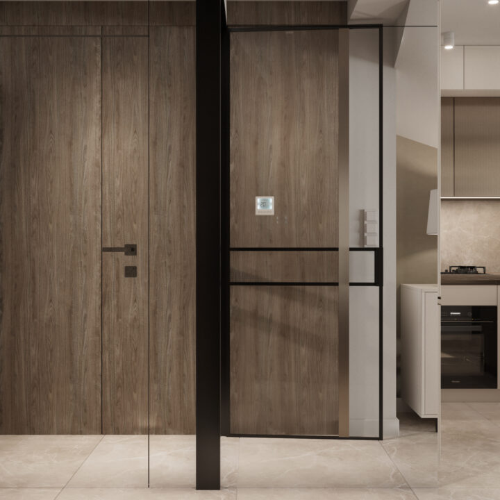 Wiatrołap z zabudową w drewnie i ukrytymi drzwiami – funkcjonalne wnętrze segmentu