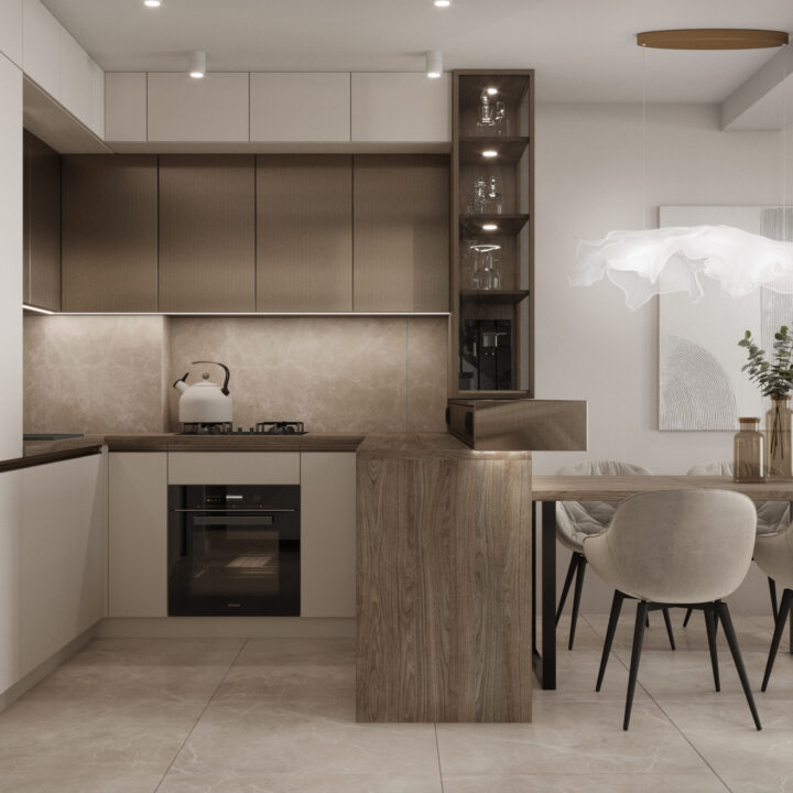 Kuchnia w układzie C z jasnymi frontami i drewnem – nowoczesna aranżacja segmentu