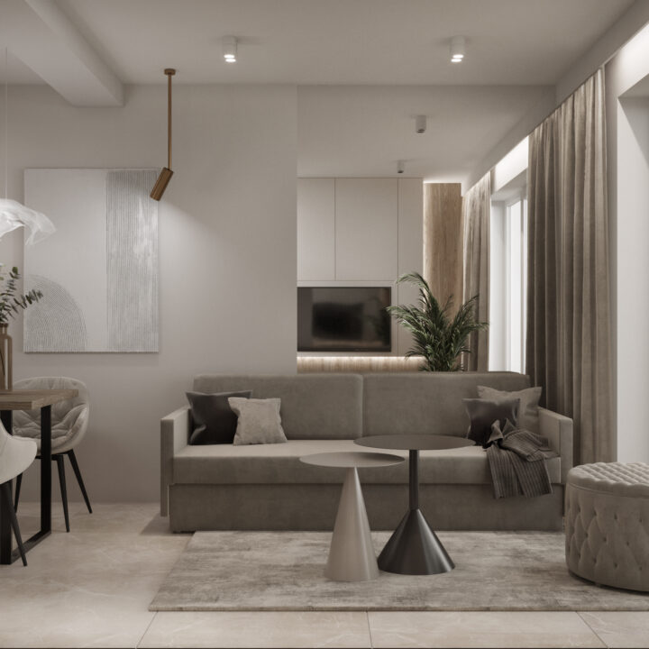 Salon z jadalnią w neutralnej kolorystyce taupe i bieli – stonowana elegancja wnętrza