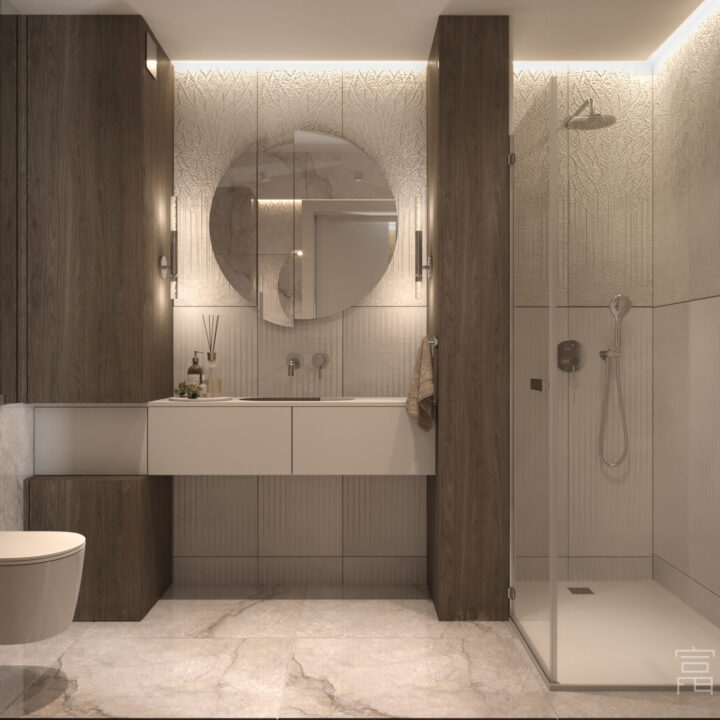 Prysznic walk-in z jasnym kamieniem i szkłem – łazienka w segmencie, Warszawa