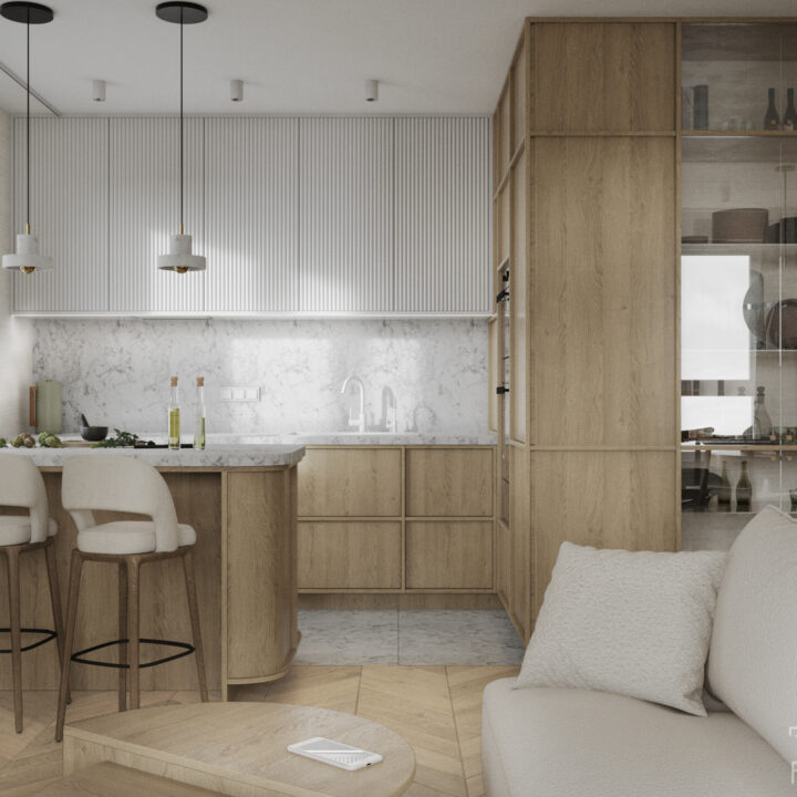 Strefa robocza kuchni, minimalistyczna zabudowa i naturalne materiały wykończeniowe
