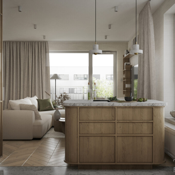 Kuchnia otwarta na salon, funkcjonalny układ i spójna kolorystyka mieszkania w Siedlcach
