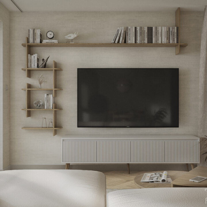 Strefa dzienna mieszkania, salon połączony z kuchnią w spójnym, spokojnym układzie – Siedlce