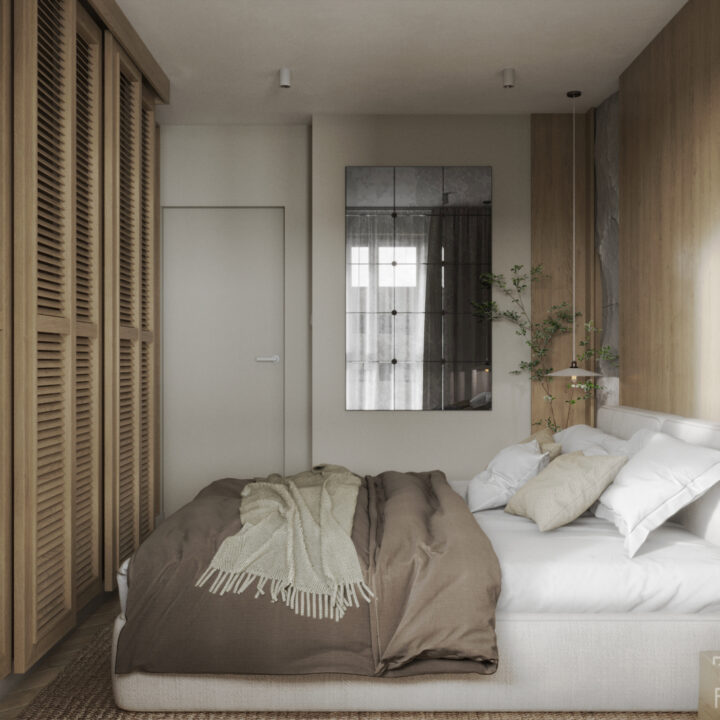 Sypialnia z tapicerowanym łóżkiem i zabudową stolarską, neutralna paleta barw