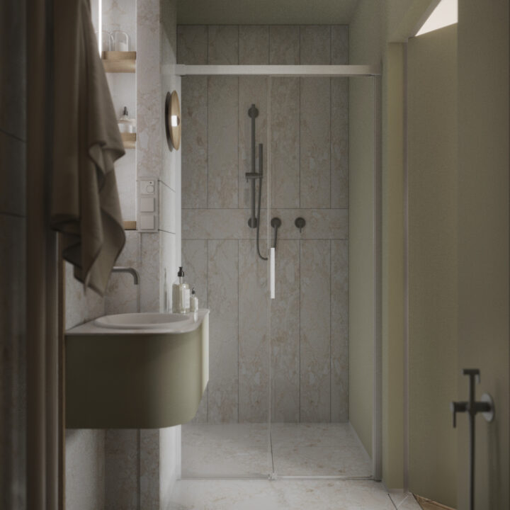 Strefa umywalkowa w łazience gościnnej, prosta forma i spokojna kolorystyka