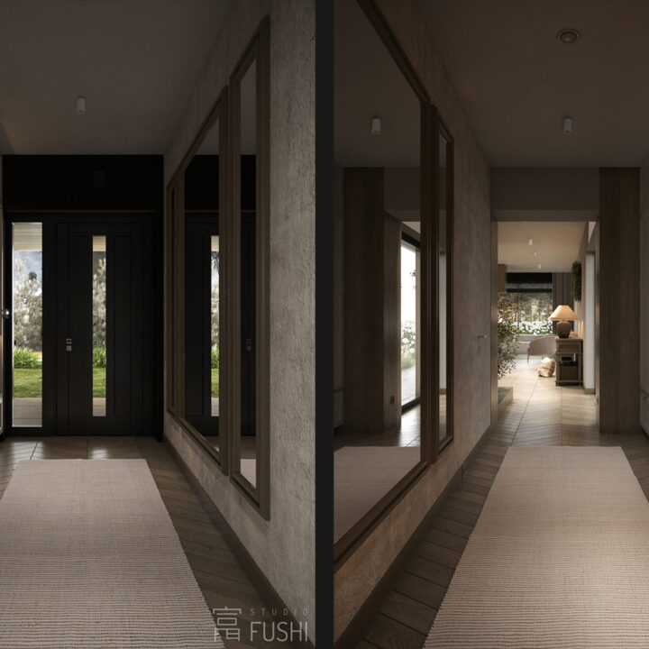 Korytarz w domu jednorodzinnym w Małocicach z zabudową siedziska i czarnymi drzwiami wejściowymi