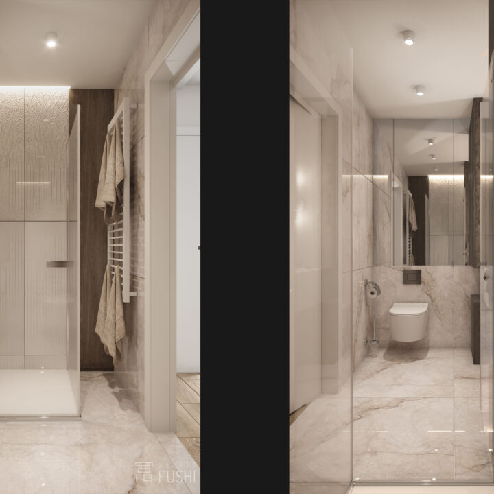 Prysznic walk-in z jasnym kamieniem i szkłem – łazienka w segmencie, Warszawa