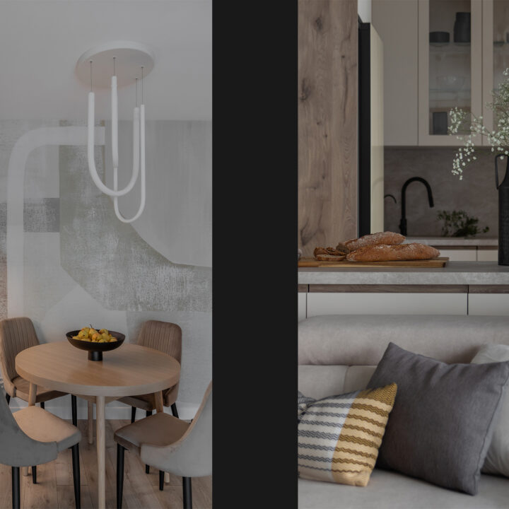 Przestrzeń dzienna mieszkania zaprojektowana jako spójna całość, naturalne materiały i proste formy