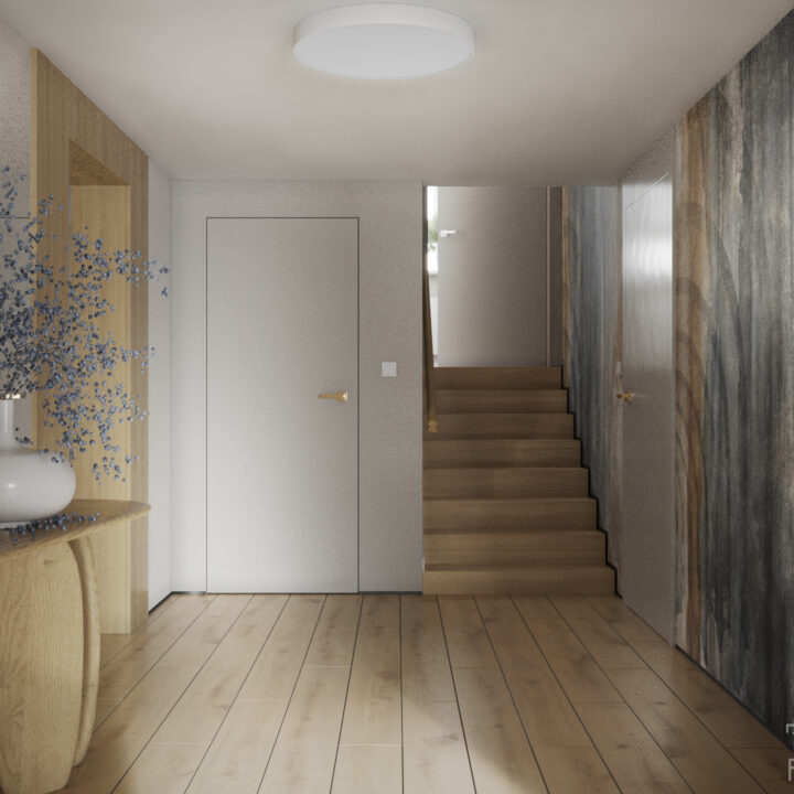 Hol w domu jednorodzinnym Kuranów – czytelna komunikacja i naturalne materiały, Mazowieckie