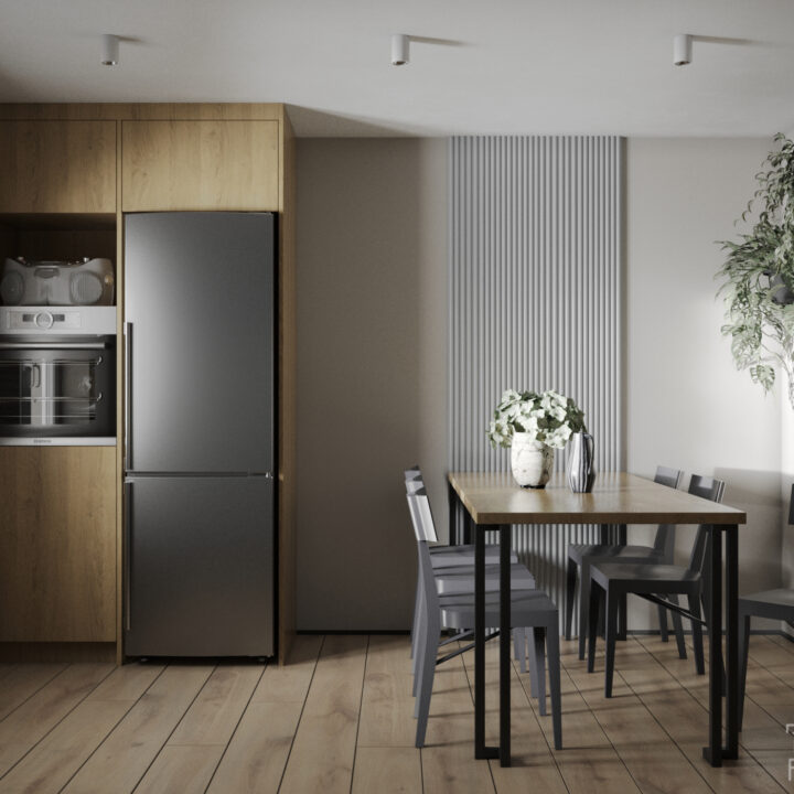 Nowoczesna kuchnia z ryflowaną zabudową – projekt wnętrz domu pod Warszawą