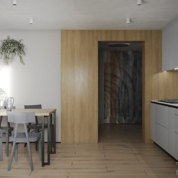 Kuchnia parteru domu jednorodzinnego Mazowieckie – spójna architektura i spokojne światło