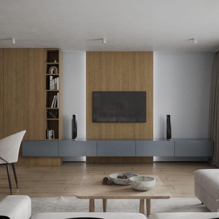 Salon parteru domu jednorodzinnego Mazowieckie – jasne wnętrze i miękkie oświetlenie