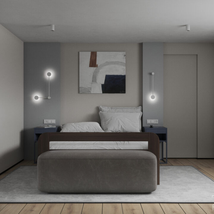 Sypialnia w domu jednorodzinnym Kuranów – spokojna aranżacja z naturalnych materiałów