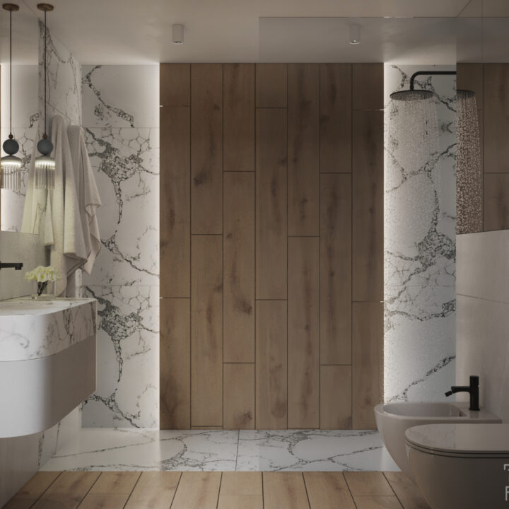 Strefa umywalkowa w łazience domu pod Warszawą – minimalistyczna zabudowa i miękkie oświetlenie