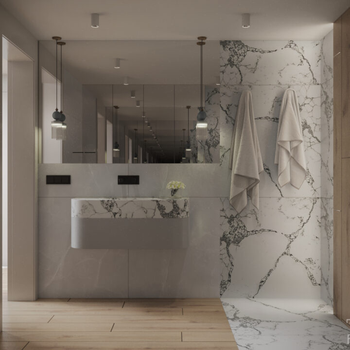 Nowoczesna łazienka w domu jednorodzinnym okolice Warszawy – spokojna estetyka i konsekwentna architektura wnętrza