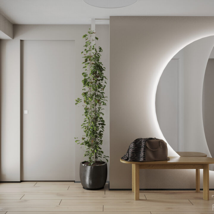 Wiatrołap domu jednorodzinnego okolice Warszawy – spokojna strefa wejścia z zabudową na wymiar