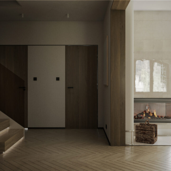 Hol wewnętrzny domu z czytelnym układem komunikacyjnym i spójną kolorystyką wnętrza