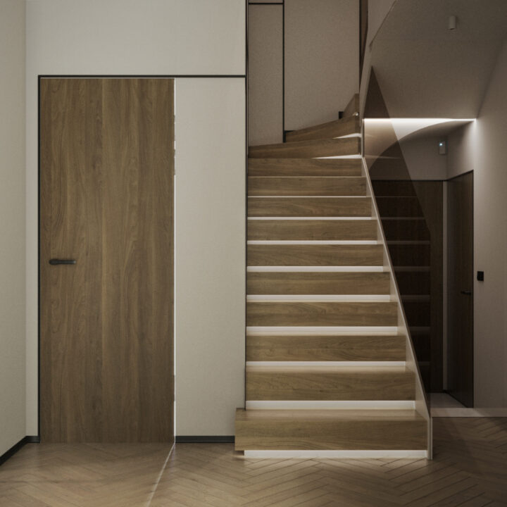 Schody wewnętrzne z lekką formą i naturalnymi materiałami, centralny element komunikacji domu