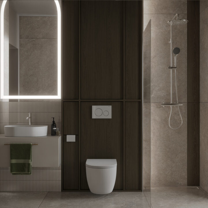 Łazienka z prysznicem i jasnymi płytkami, spokojna aranżacja wnętrza