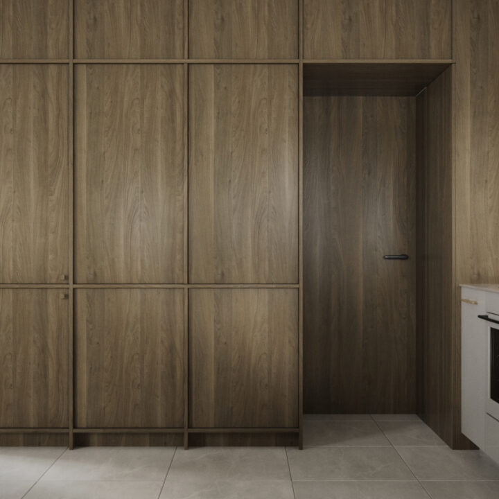 Kuchnia z wysoką zabudową drewnianą, minimalistyczna forma i naturalne wykończenie