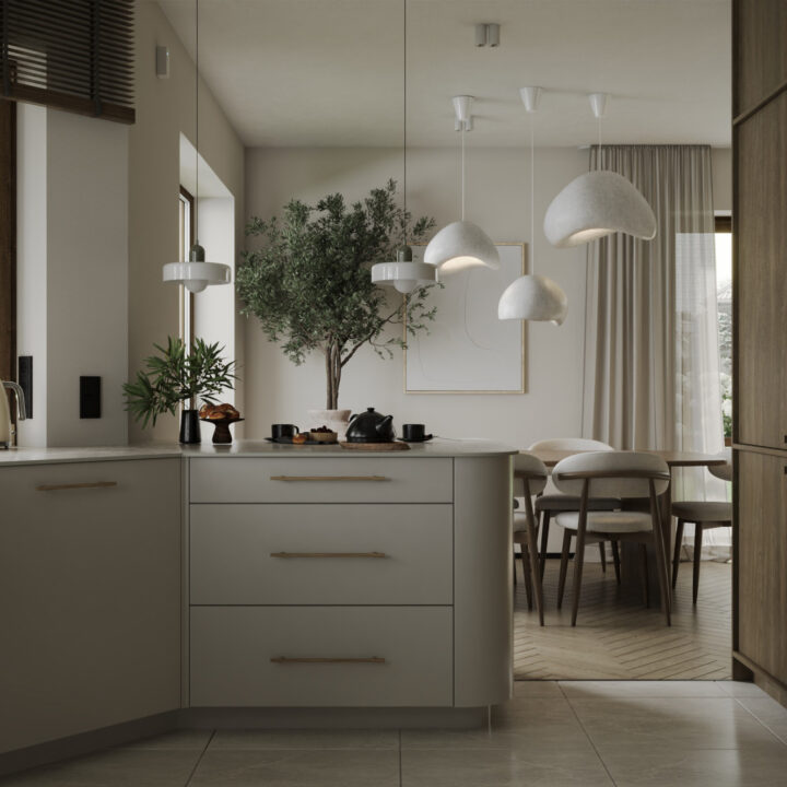 Kuchnia otwarta na jadalnię w domu w Płońsku, konsekwentna estetyka i proporcje