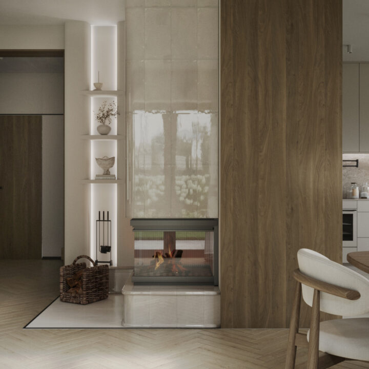 Piec kaflowy w salonie jako akcent wnętrza, naturalna estetyka domu jednorodzinnego