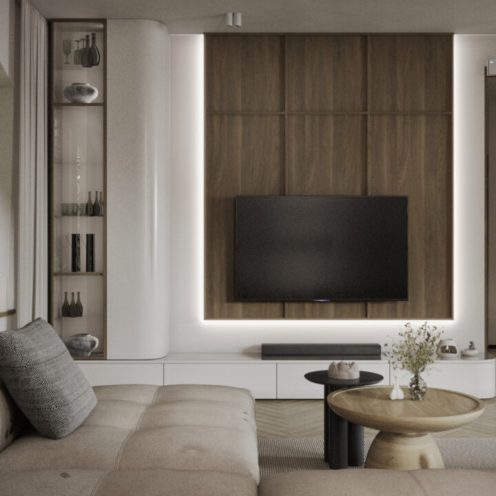 Ściana telewizyjna w salonie z zabudową stolarską, spokojna i reprezentacyjna strefa dzienna