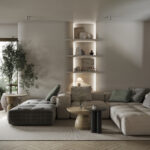 Salon z sofą i strefą wypoczynkową, jasna przestrzeń dzienna z wyjściem na taras