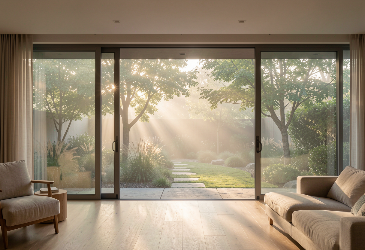 Projekt wnętrza domu jako spójnej całości – salon otwarty na ogród, naturalne materiały i światło dzienne