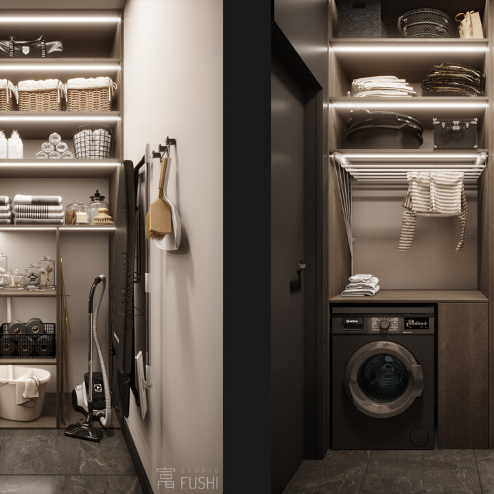 Pralnia z zabudową gospodarczą, funkcjonalne zaplecze mieszkania zaprojektowane w jednej linii estetycznej